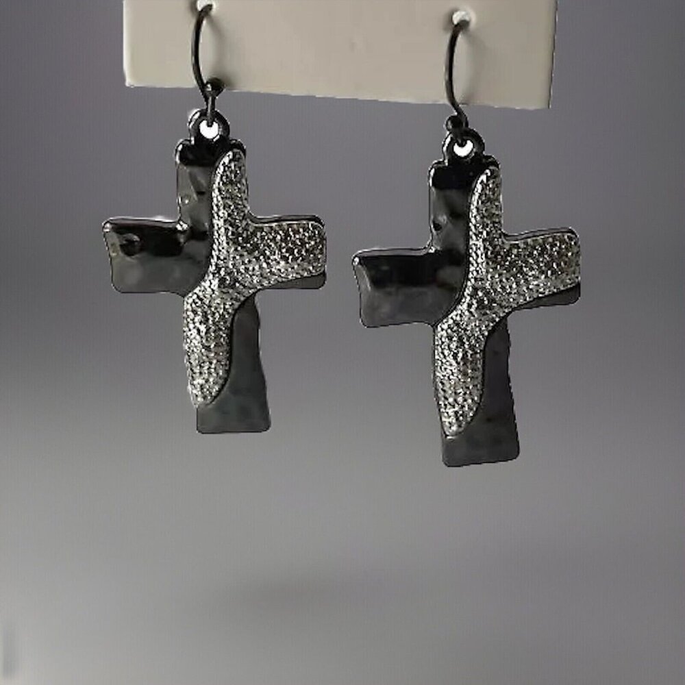 DaVinci Cross Earrings Bronze Silvertone Dangle Hooks Pierced Christian NEW